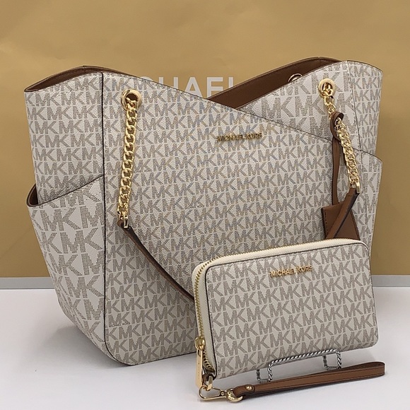 MICHAEL KORS LARGE X CHAIN SHOULDER TOTE & LG FLAT MULTIFUNCTIONAL PHONE CASE - Picture 6 of 16